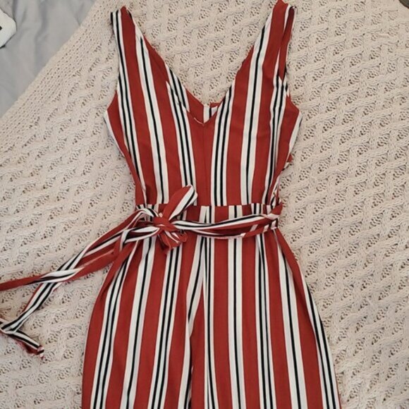 BERSHKA Europe Striped V neck Tie Waist Wide Leg Jumpsuit - Picture 5 of 16